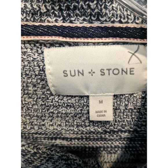 SUN & STONE BLUE HEATHER medium HEAVY KNIT SHAWL NECK SWEATER MENS 100% cotton - Picture 3 of 3